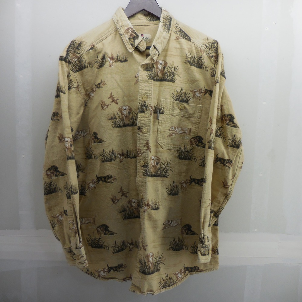 Woolrich Mens L Hunting Dog Duck Print Flannel Shirt Tan Barley 6579 Long Sleeve